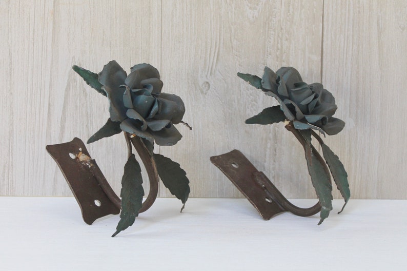 Vintage Pair of Metal Rose Curtain Hold Backs Vintage Curtain Tie Backs Vintage Metal Flower Drapery Hold Backs