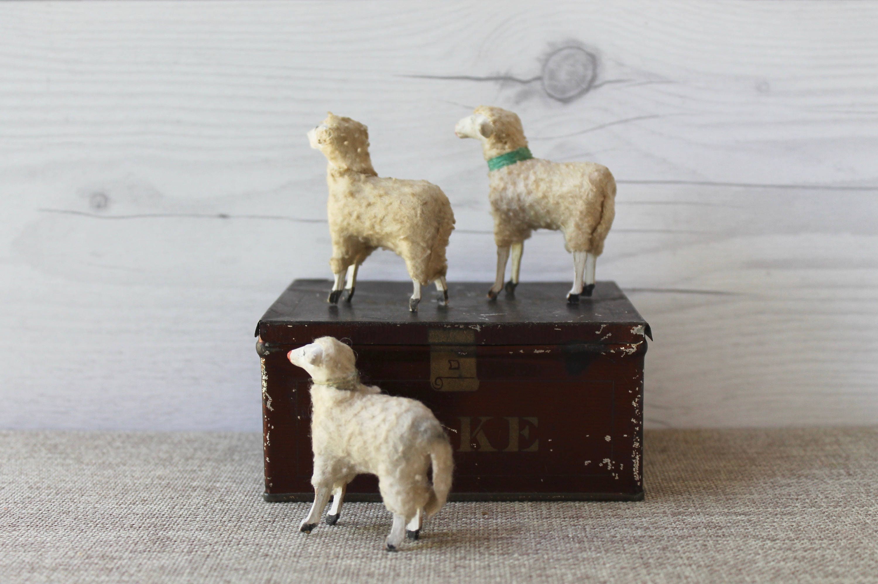 Vintage Lot of 3 German Spun Cotton Putz Stick Leg Sheep