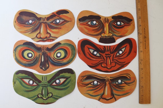 Vintage Lot of 6 Paper Halloween Masks, Vintage Pa