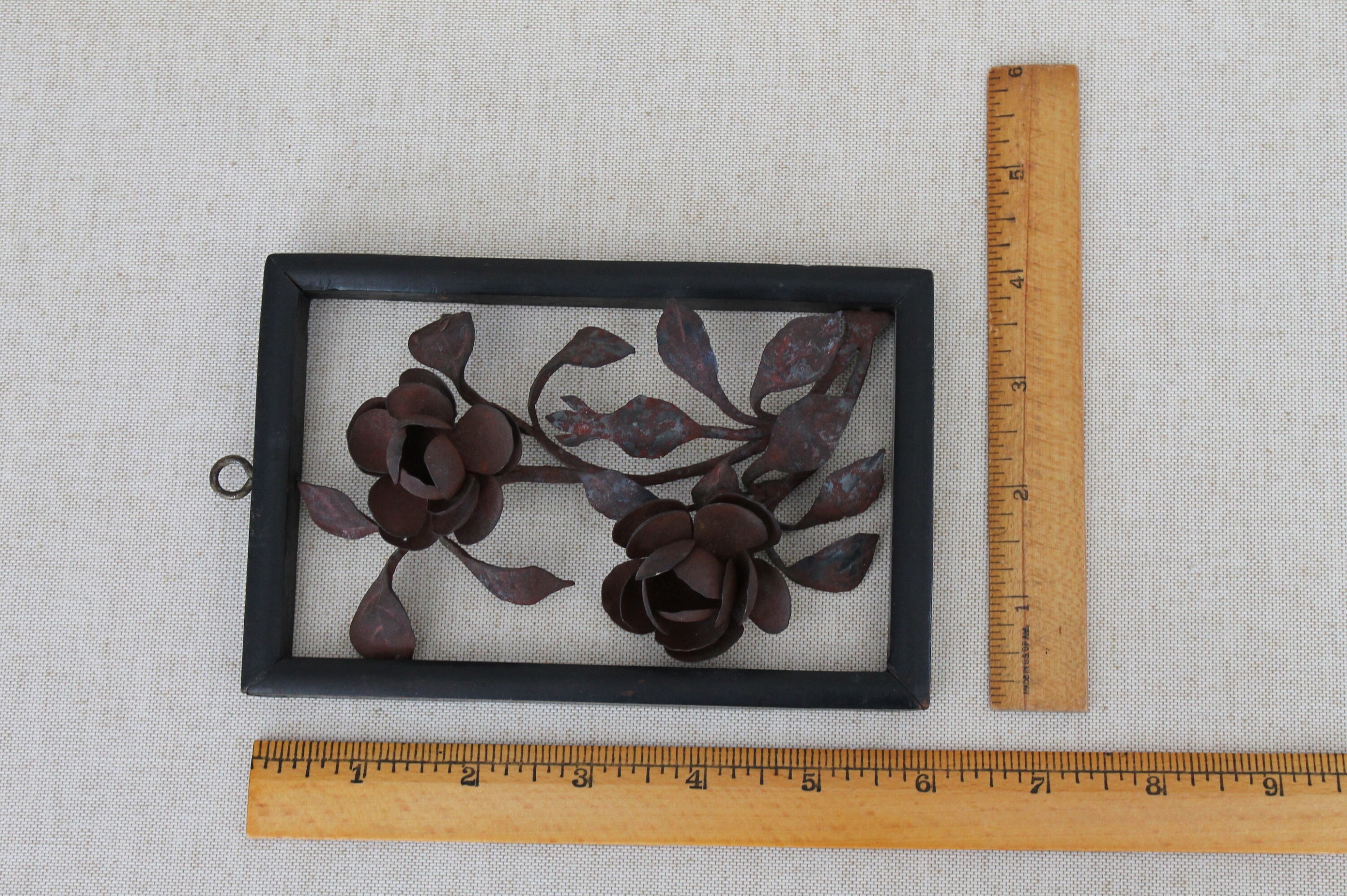 Vintage Japanese Metal Art Flowers Framed, Vintage Single Stemmed