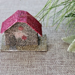 Vintage Small Cardboard Sugar Glitter House Christmas Tree Ornament, Vintage Miniature Paper House Ornament