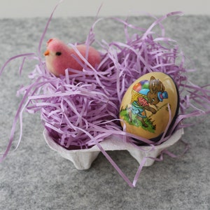 Vintage Small Spun Cotton Easter Chick and Metal Easter Egg in Egg Carton, Vintage Chick and Tin Lithograph Easter Egg, Vintage Easter