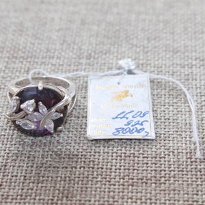 Vintage Sterling Silver, Purple Stone  and Faux Diamond Ring - Size 6, Vintage Woman&#39;s Statement Ring