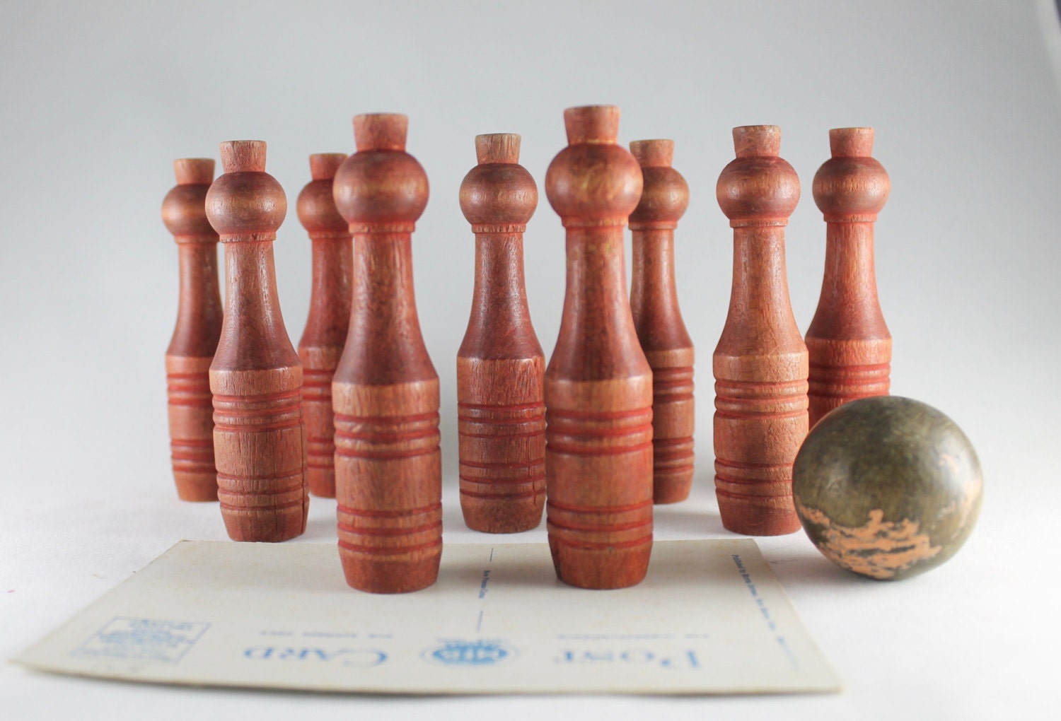 Vintage Small Wood Bowling Set Set of 9 Striped Wooden Etsy