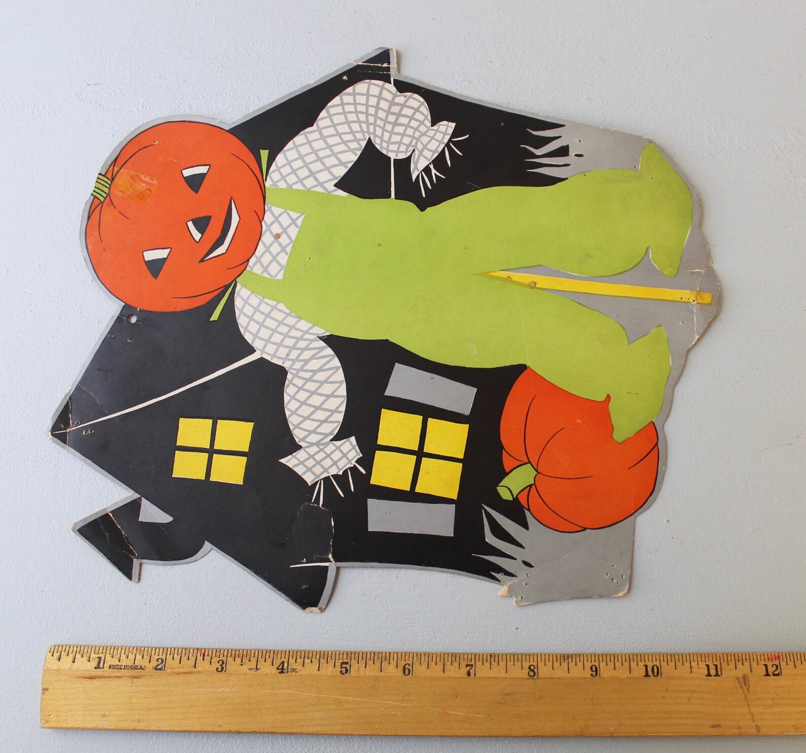 Vintage RARE Paper Die Cut Halloween Pumpkin Head Scarecrow Wall ...