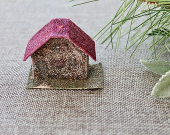 Vintage Small Cardboard Sugar Glitter House Christmas Tree Ornament, Vintage Miniature Paper House Ornament