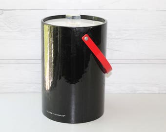 Vintage Black Patent Vinyl Ice Bucket with Red Handle - Bucket Brigade, Vintage Tall Retro Ice Bucket