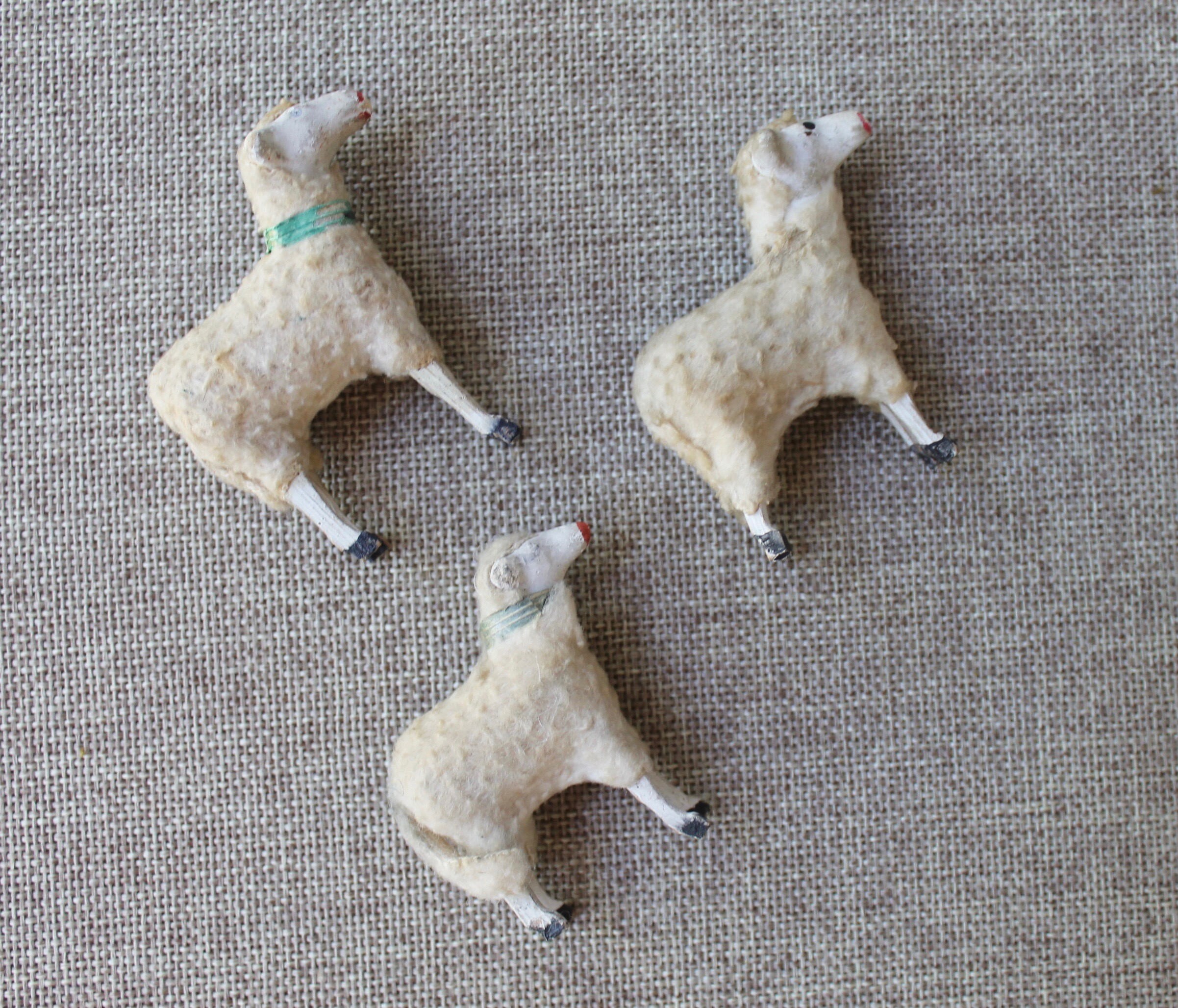 Vintage Lot of 3 German Spun Cotton Putz Stick Leg Sheep