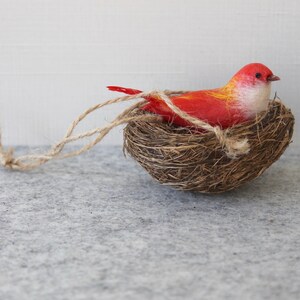 Vintage Small Cotton and Feather Bird in Vine Nest, Vintage Feathered Bird Figure Sitting in Nest, Vintage Bird Decor