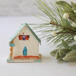 Vintage Small Cardboard Sugar Glitter House Christmas Tree Ornament, Vintage Miniature Paper House Ornament