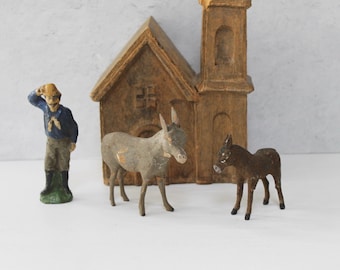 Vintage Shepherd Man and 2 German Putz Stick Leg Donkeys, Vintage Easter/Christmas Decoration, Vintage Nativity