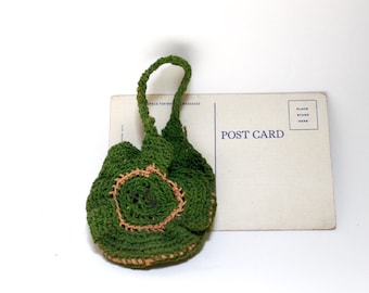 1950s Crochet Doll Purse, Vintage Green Crochet Doll Purse