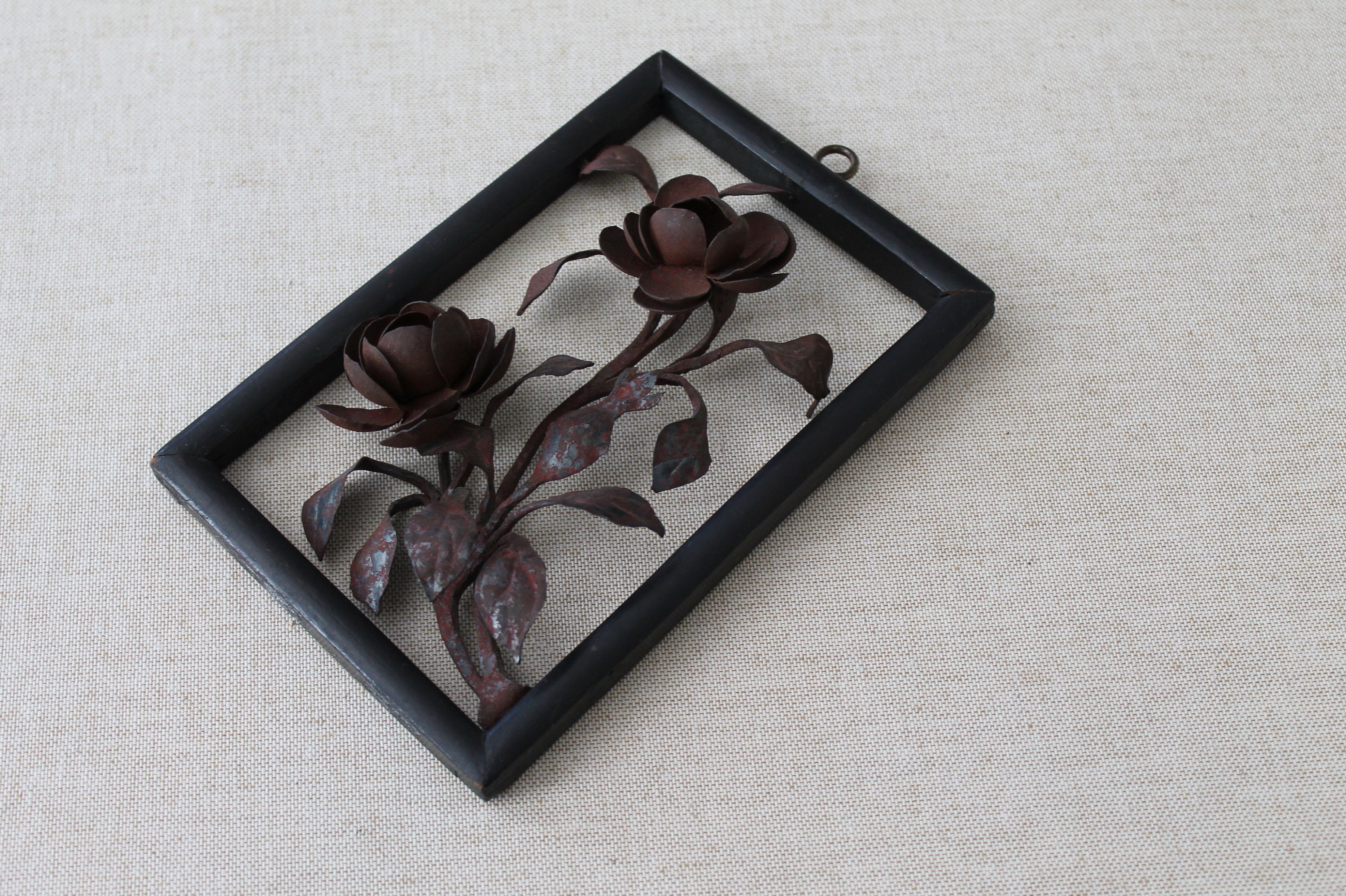 Vintage Japanese Metal Art Flowers Framed, Vintage Single Stemmed