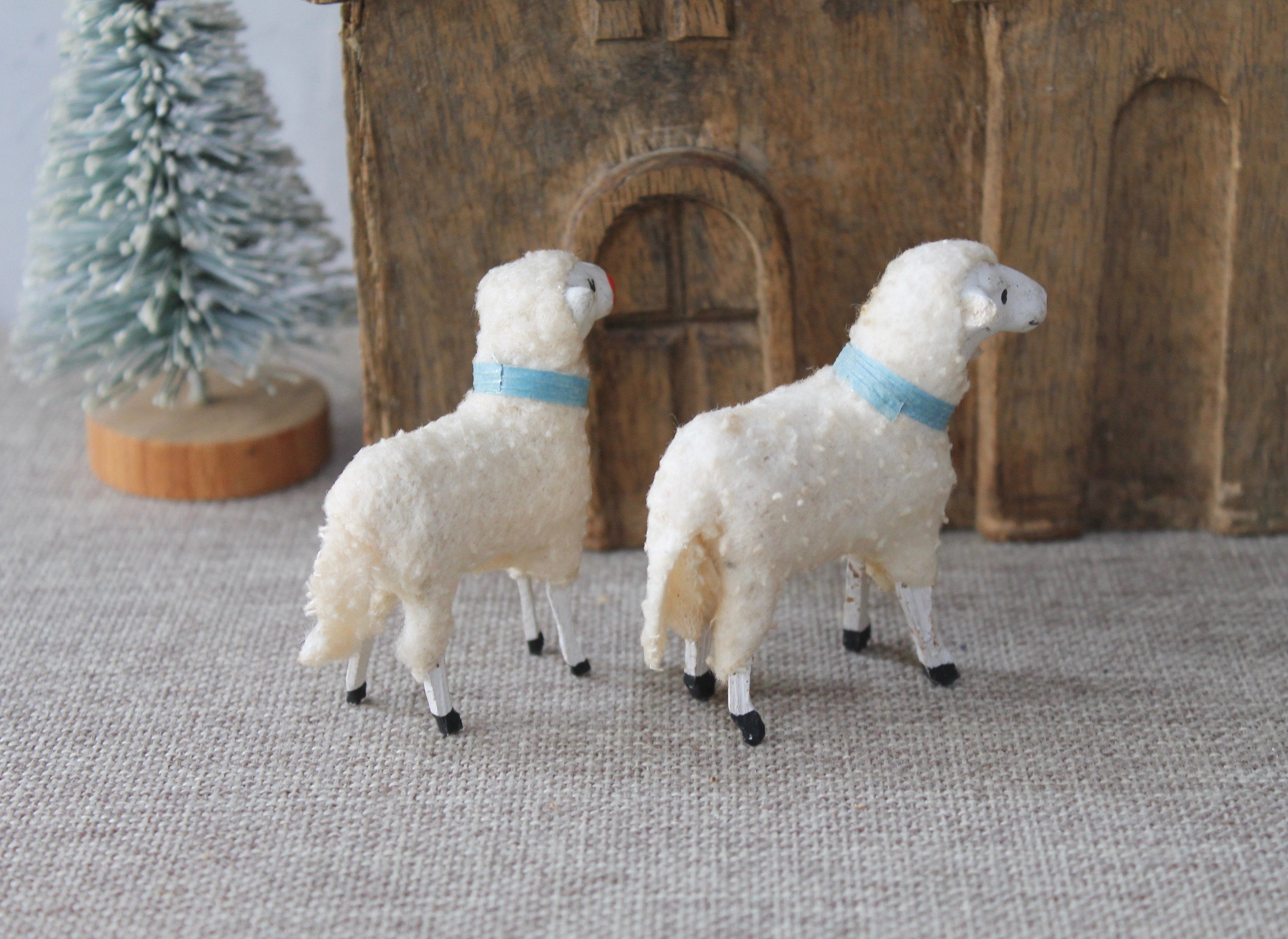 Vintage Pair of German Cotton Putz Stick Leg Sheep, Vintage Easter