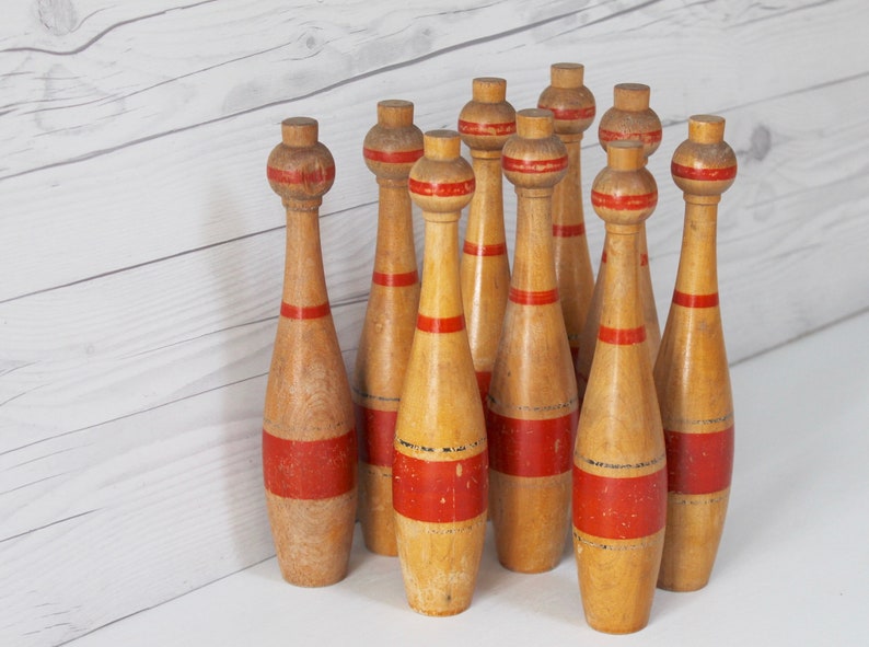 Vintage Wood Bowling Pin Set Vintage Set of 9 Striped Wooden Etsy
