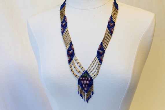 Vintage Seed Beaded Indian Art Long Necklace/ Blu… - image 3