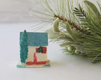 Vintage Small Cardboard Sugar Glitter House Christmas Tree Ornament, Vintage Miniature Paper House Ornament