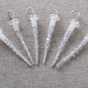 Vintage Set of 6 Clear Plastic Bead and Silver Tinsel Icicle Christmas Tree Ornaments, Vintage Icicle Ornaments