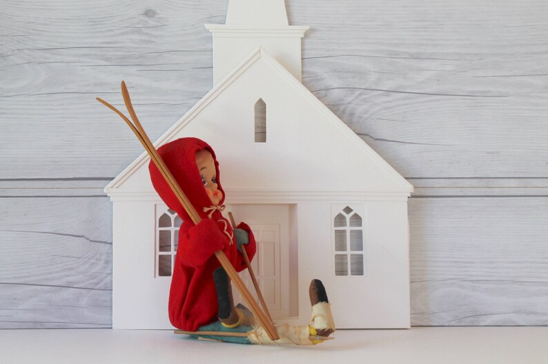 Vintage Large Red Girl Elf on Skis Vintage Injured Skier Elf Figure Vintage Felt Elf on Skis Shelf Sitter