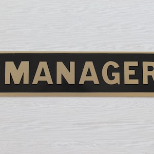 Vintage Black and Gold Metal Laminate Manager&#39;s Door Sign, Vintage Manager Sign