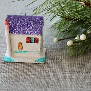 Vintage Small Cardboard Sugar Glitter House Christmas Tree Ornament, Vintage Miniature Paper House Ornament