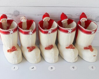Vintage White and Red Mica Covered Paper Santa Claus Christmas Boot Candy Container - SOLD SEPARATELY, Vintage Christmas Candy Holder