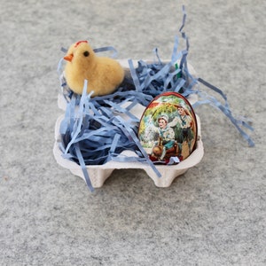 Vintage Small Spun Cotton Easter Chick and Metal Easter Egg in Egg Carton, Vintage Chick and Tin Lithograph Easter Egg, Vintage Easter