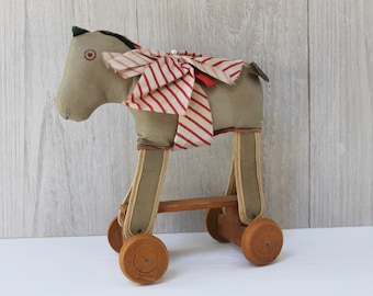 Antique Unique Oil Cloth and Wood Folk Art Pull Toy Horse/Donkey, Vintage Horse/Donkey Pull Toy, Vintage Nursery Decor