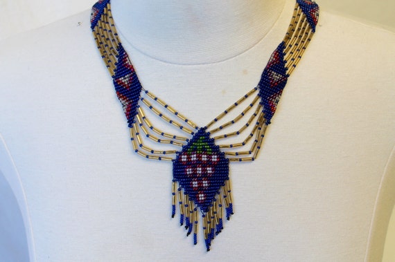Vintage Seed Beaded Indian Art Long Necklace/ Blu… - image 1