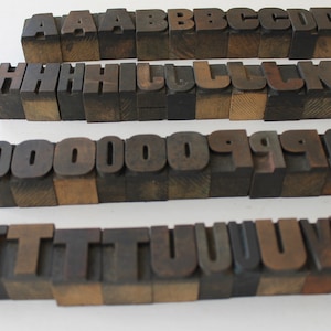 May include: A set of vintage wooden letterpress printing blocks. The blocks are arranged in rows, with each row containing a different letter of the alphabet. The letters are all uppercase and are made of a dark wood. The blocks are in good condition and show signs of wear from use.