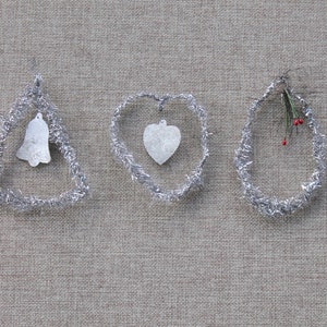 Vintage Set of 3 Silver Wire Tinsel with Foil Embellishment Christmas Tree Ornaments, Antique Tinsel Wire Ornaments