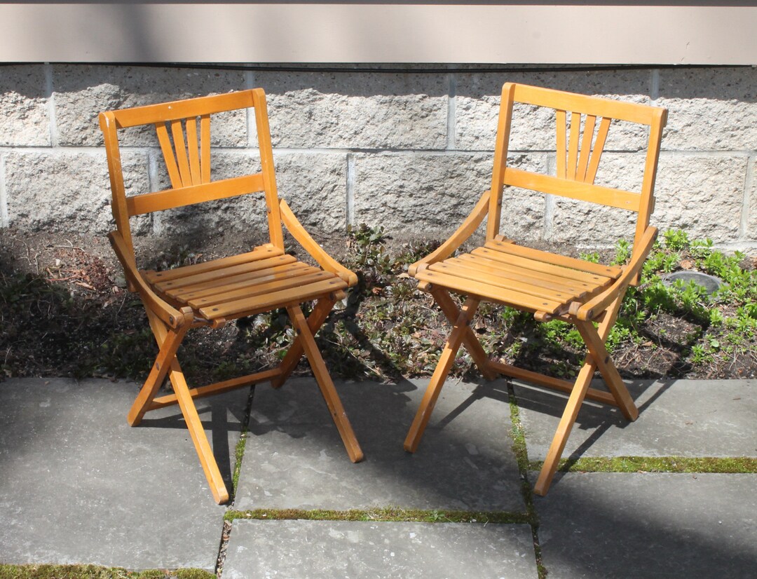 Vintage Pair of Child's Wooden Folding Chairs, Vintage Wood Camp Chairs