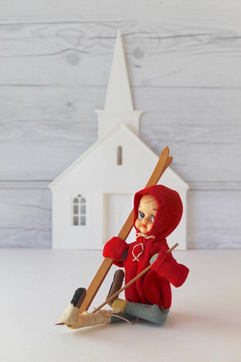 Vintage Large Red Girl Elf on Skis Vintage Injured Skier Elf Figure Vintage Felt Elf on Skis Shelf Sitter