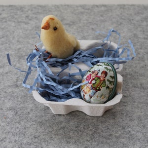 Vintage Small Spun Cotton Easter Chick and Metal Easter Egg in Egg Carton, Vintage Chick and Tin Lithograph Easter Egg, Vintage Easter