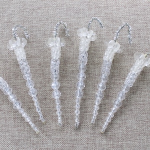 Vintage Set of 6 Clear Plastic Bead and Silver Tinsel Icicle Christmas Tree Ornaments, Vintage Icicle Ornaments