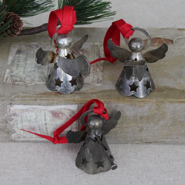 Vintage Set of 3 Small Metal Angels Playing Instruments  Figures, Vintage Christmas Silver Angel Ornaments