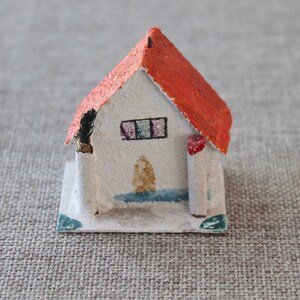 Vintage Small Cardboard Sugar Glitter House Christmas Tree Ornament, Vintage Miniature Paper House Ornament