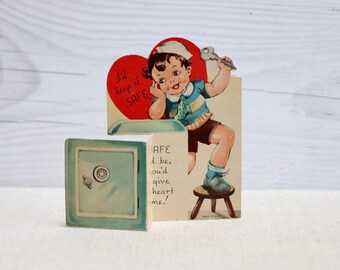 Vintage Unsigned Valentine Greeting Card - Boy with Safe -  Vintage Paper Valentine, St. Valentine's Day