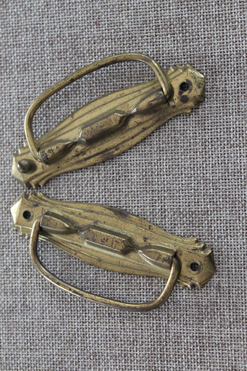 2 Art Deco Style Metal Drawer Pulls Vintage Tin Hardware