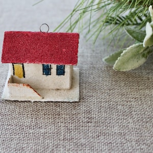 Vintage Small Cardboard Sugar Glitter House Christmas Tree Ornament, Vintage Miniature Paper House Ornament