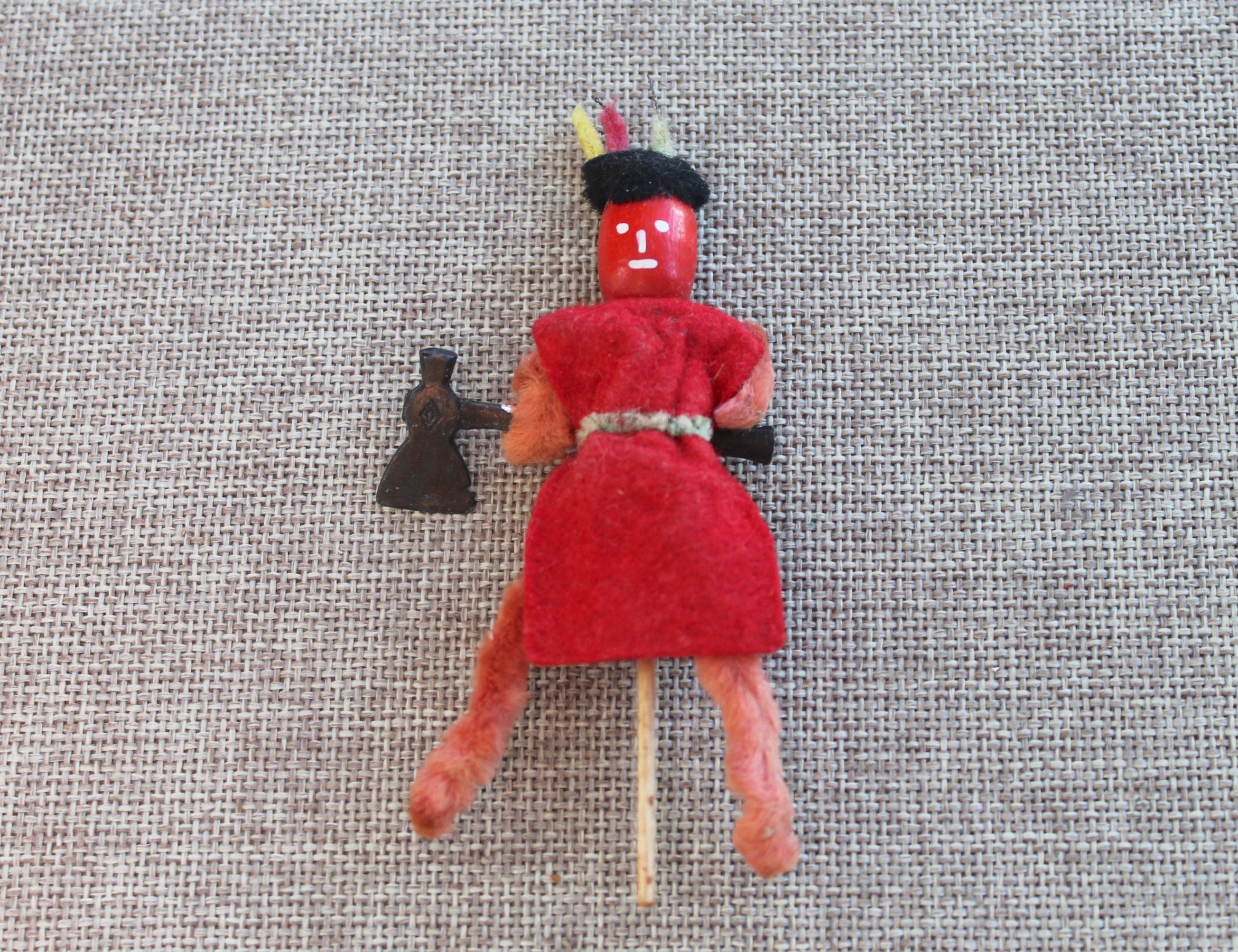 Vintage Unique Halloween Red Chenille Pipe Cleaner Figure with Axe, Vintage Pipe Cleaner Figure - Halloween