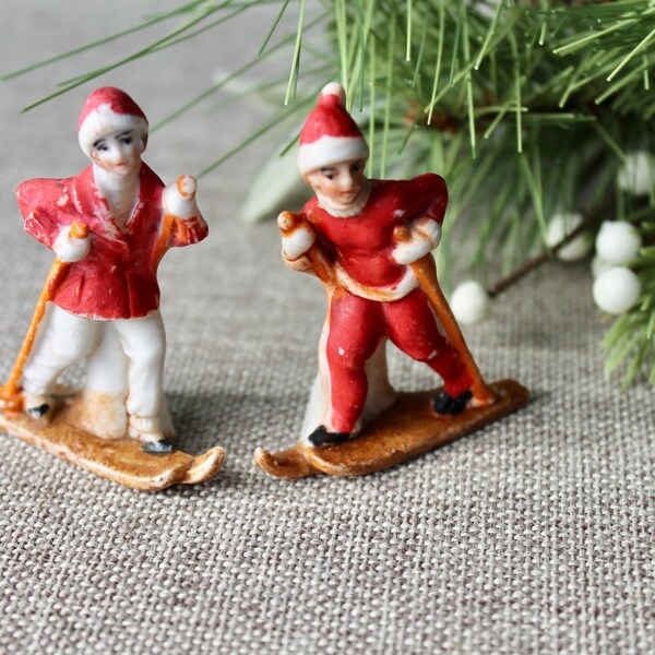 Vintage Pair of Miniature German Bisque Christmas Skier Figures - Man and Woman, Vintage Collectible Christmas