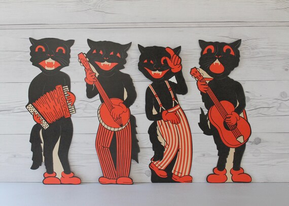 Vintage Reproduction Set Of 4 Beistle H E Luhr Large Paper Die Cut Halloween Black Scat Cat Band Wall Hangings Vintage Halloween