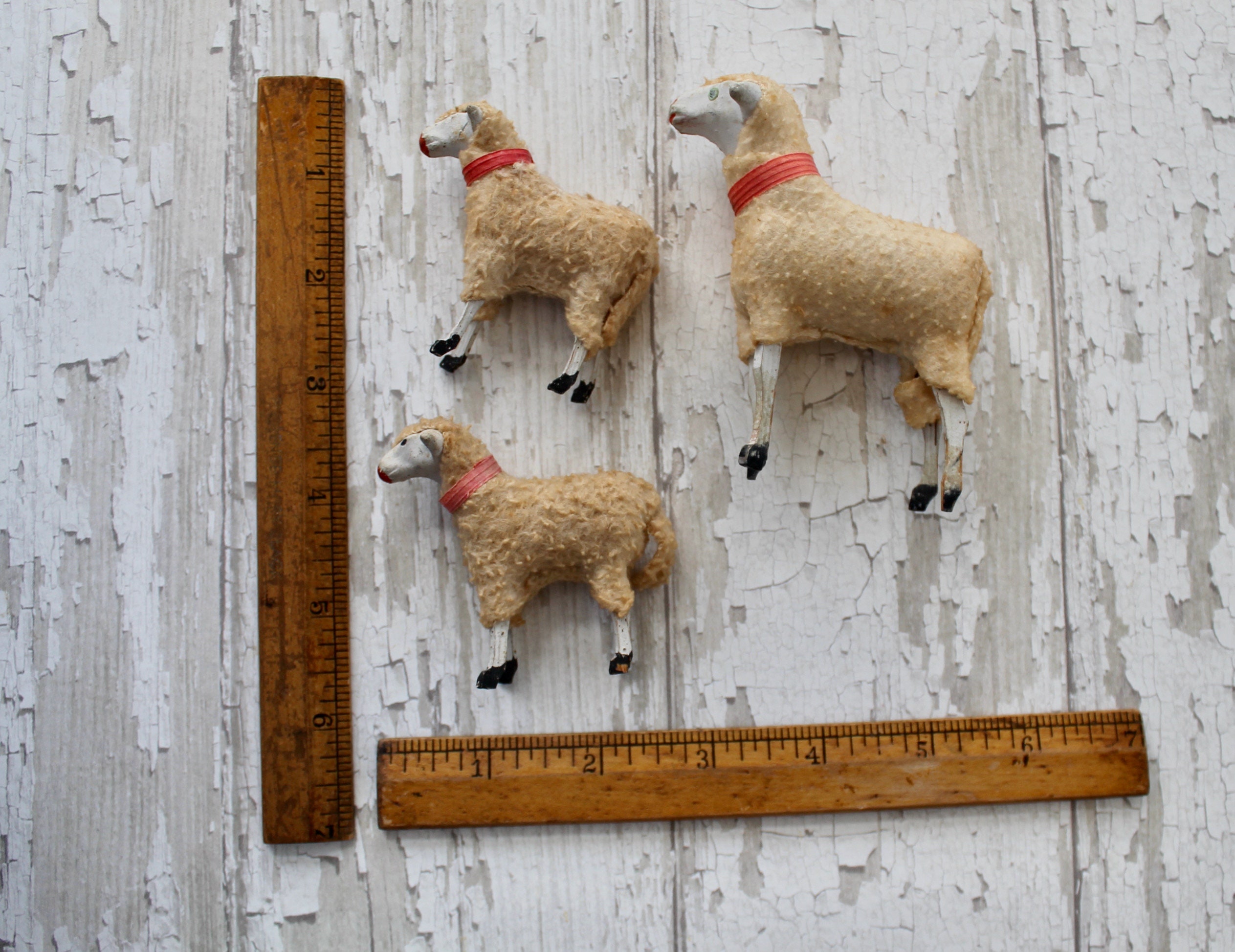 Vintage Lot of 3 German Spun Cotton Putz Stick Leg Sheep