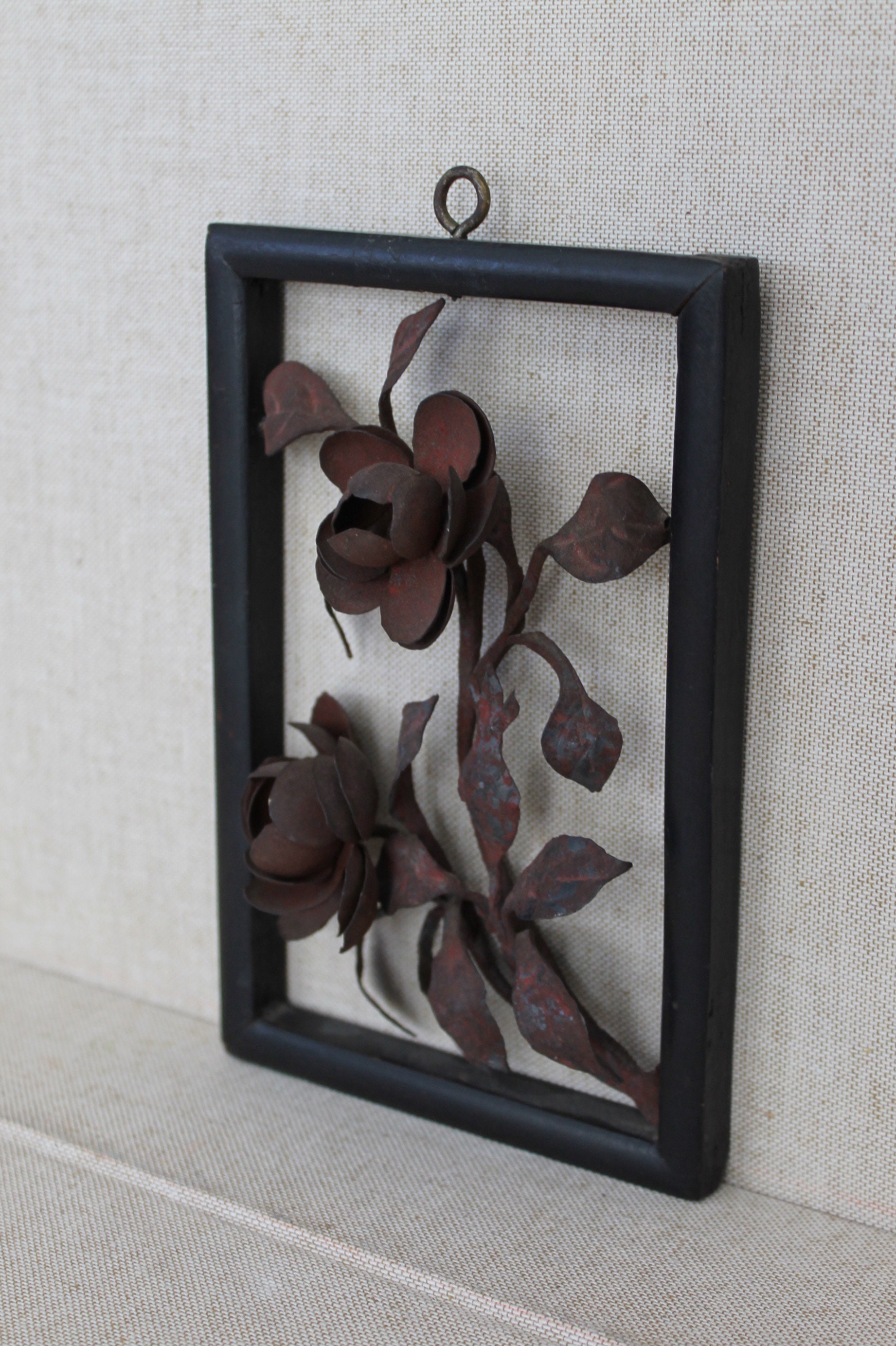 Vintage Japanese Metal Art Flowers Framed, Vintage Single Stemmed