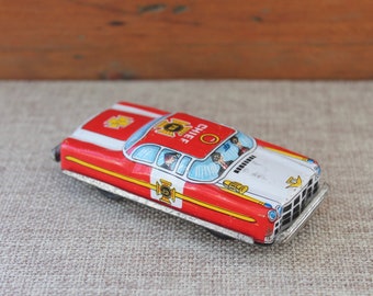 Vintage Small Red Tin Lithograph Car - Police Chief, Vintage Miniature Tin Litho Friction Car - Made in Japan