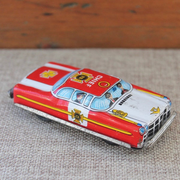 Vintage Small Red Tin Lithograph Car - Police Chief, Vintage Miniature Tin Litho Friction Car - Made in Japan