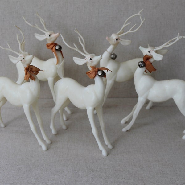 Mid Century Set of 5 White Rubbery Plastic Reindeer Figures, Vintage Christmas Reindeer - 5