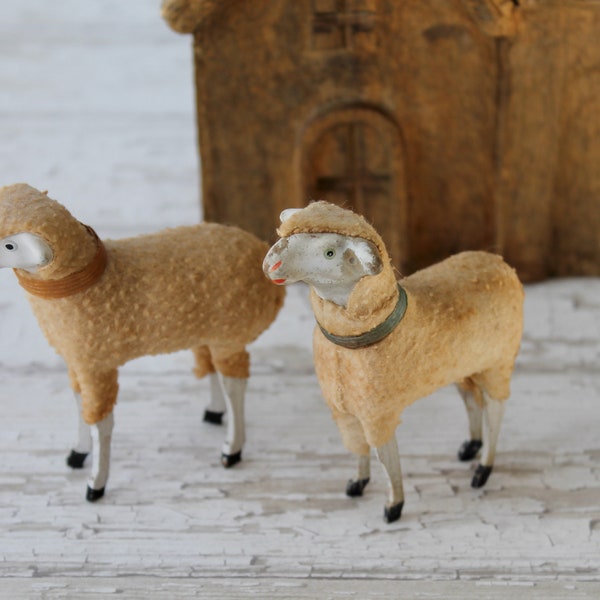 Vintage Pair of German Cotton Putz Stick Leg Sheep, Vintage Easter/Christmas Decoration, Vintage Woolly Sheep, Vintage Nativity