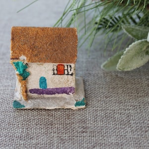 Vintage Small Cardboard Sugar Glitter House Christmas Tree Ornament, Vintage Miniature Paper House Ornament